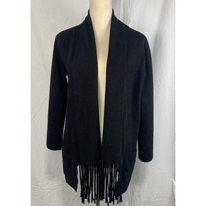 Ethyl Black Fringe Open Front Knit Cardigan Sweater Jacket L Holiday Layering